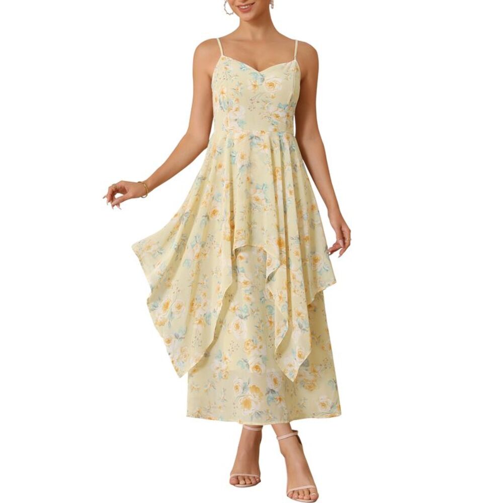 Women's Floral Chiffon Dress Summer Tiered Spaghetti Strap Dress Light Yellow